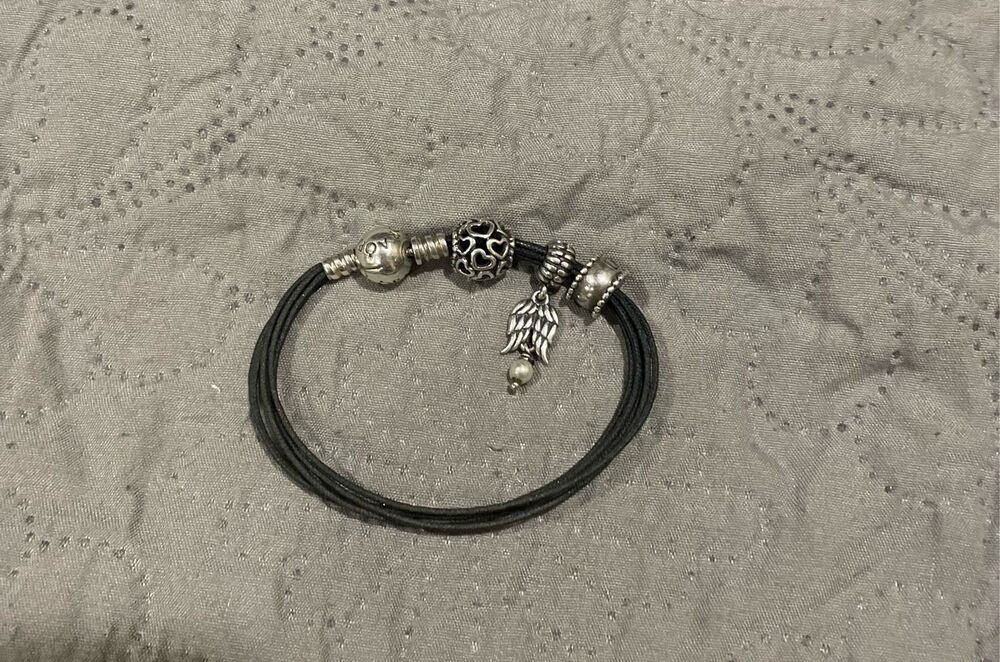 PANDORA Retired Black Multi Strand Cord Bracelet and Charms Angel Wings